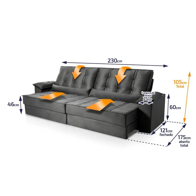 Sofá Retrátil Reclinável 2,30m Ascari Suede Velut Cinza molas Ensacadas