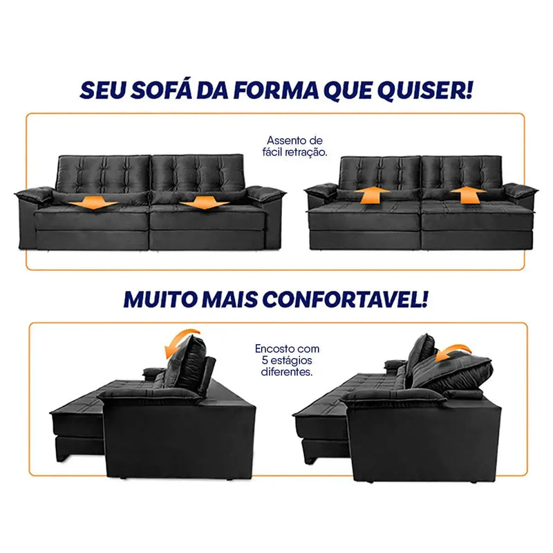Sofá Retrátil Reclinável 2,30m Ascari Suede Velut Cinza molas Ensacadas