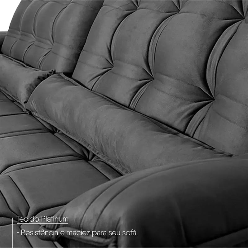 Sofá Retrátil Reclinável 2,30m Ascari Suede Velut Cinza molas Ensacadas