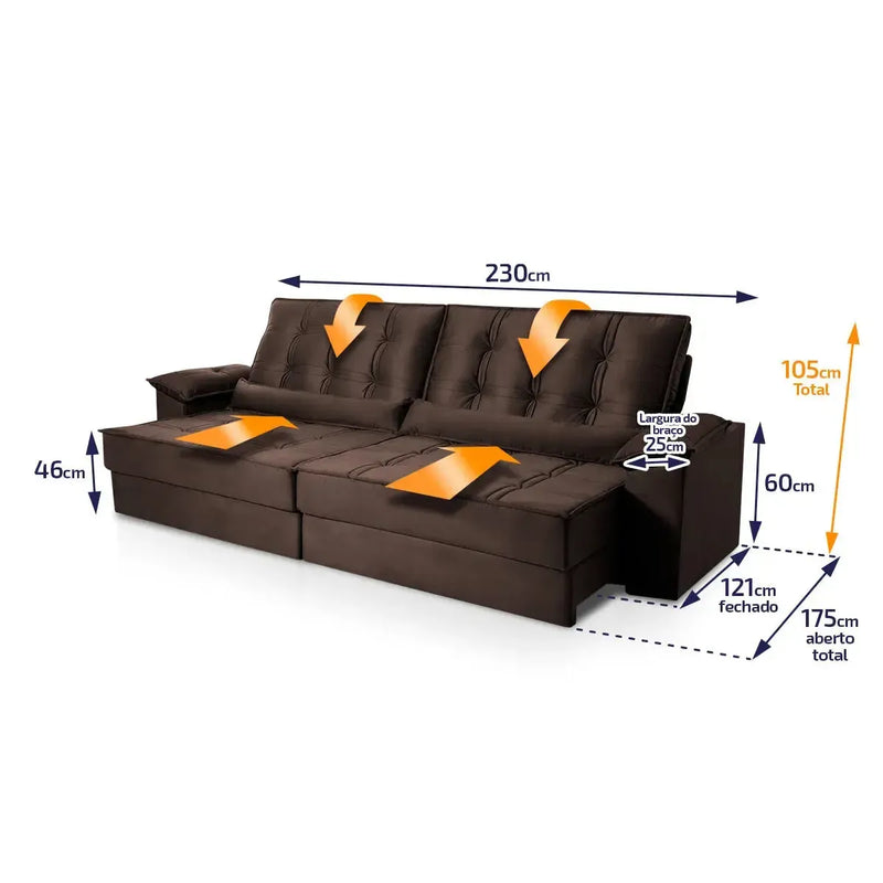 Sofá Retrátil Reclinável 2,30m Ascari Suede Velut Marrom molas Ensacadas