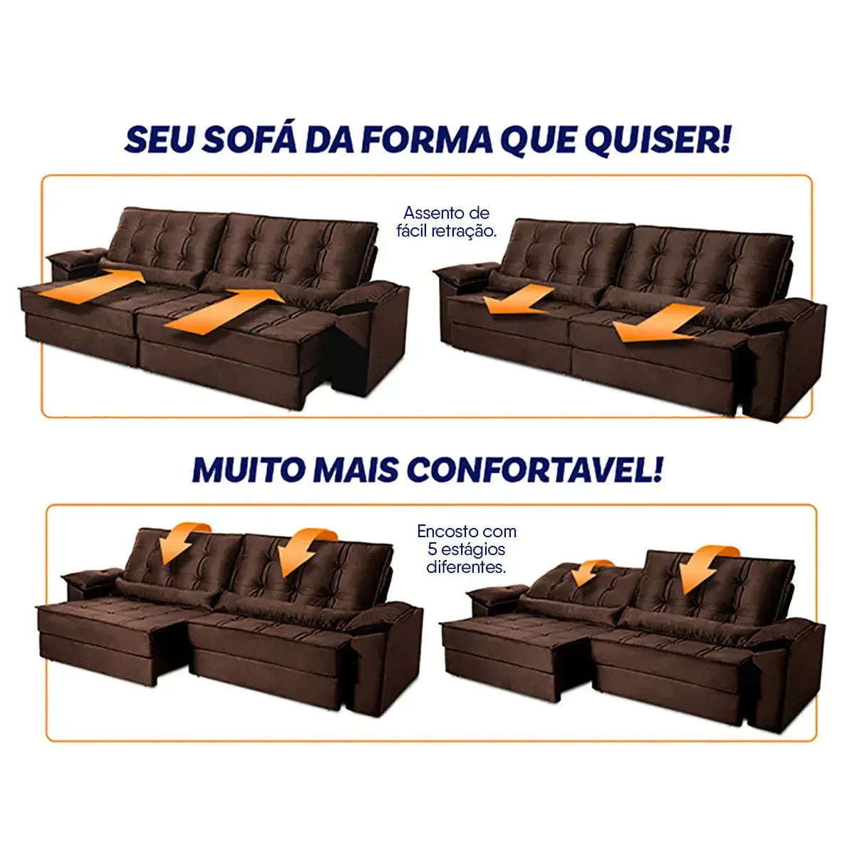Sofá Retrátil Reclinável 2,30m Ascari Suede Velut Marrom molas Ensacadas