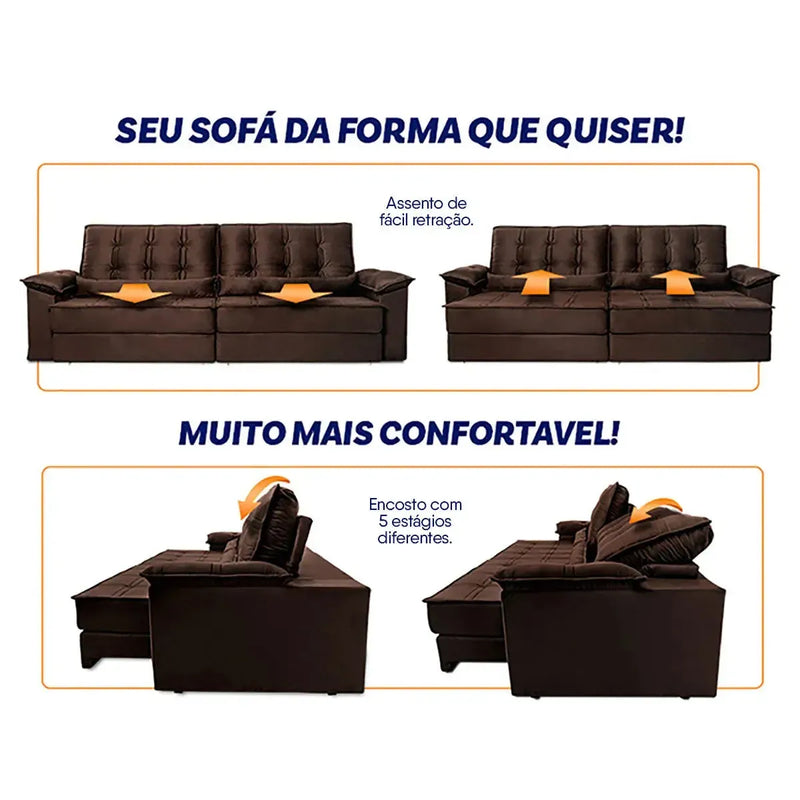 Sofá Retrátil Reclinável 2,30m Ascari Suede Velut Marrom molas Ensacadas