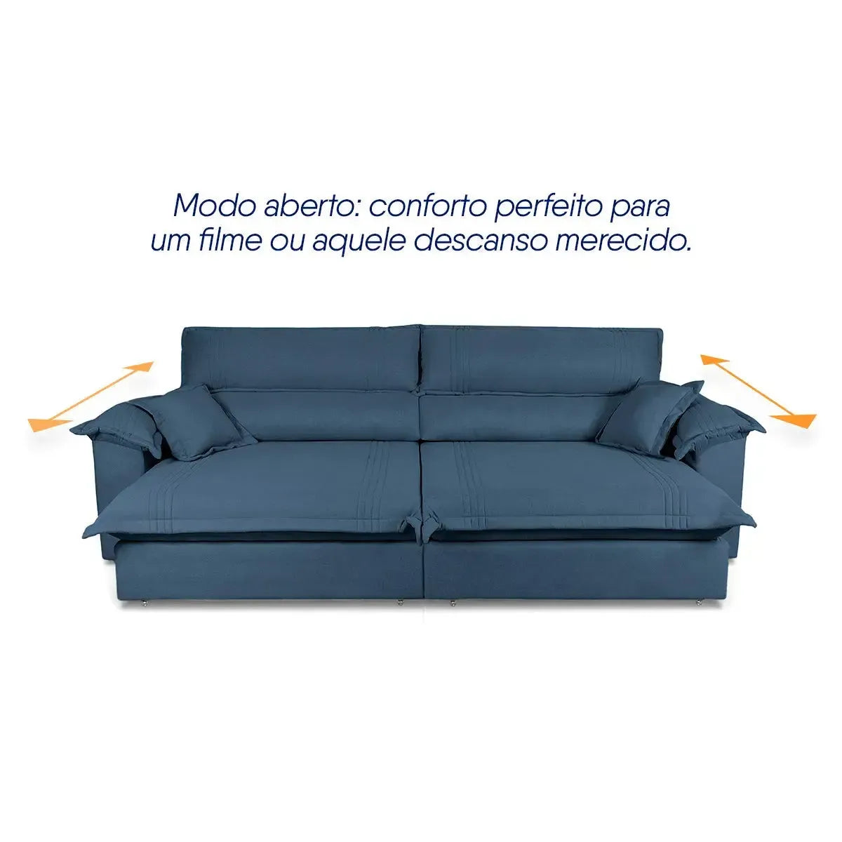 Sofá retrátil reclinável Nivus azul de linho rústico com molas ensacadas, em modo aberto.