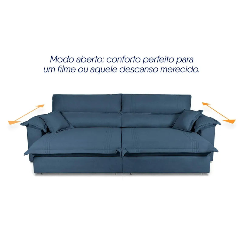 Sofá retrátil reclinável Nivus azul de linho rústico com molas ensacadas, em modo aberto.