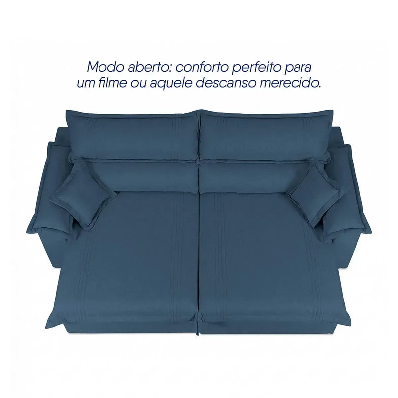 Sofá retrátil reclinável Nivus azul de linho rústico, com assento estendido para conforto.