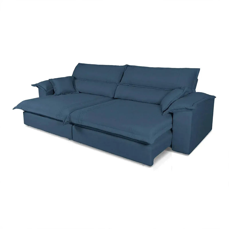 Sofá retrátil reclinável Nivus azul de linho rústico com molas ensacadas, design moderno.