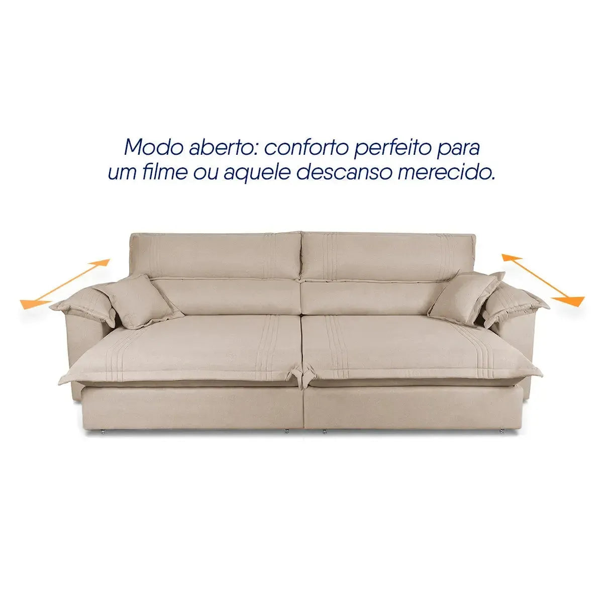 Sofá retrátil reclinável Nivus bege de linho rústico com molas ensacadas e assentos estendidos.
