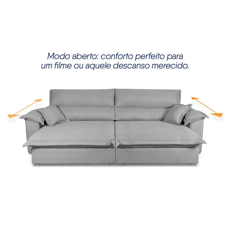 Sofá retrátil reclinável Nivus cinza 2,30m com molas ensacadas, aberto para conforto.