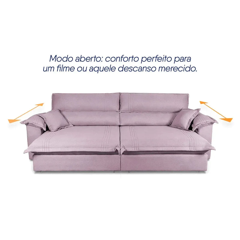 Sofá retrátil reclinável Nivus Rosê de 2,30m com molas ensacadas e assentos estendidos.
