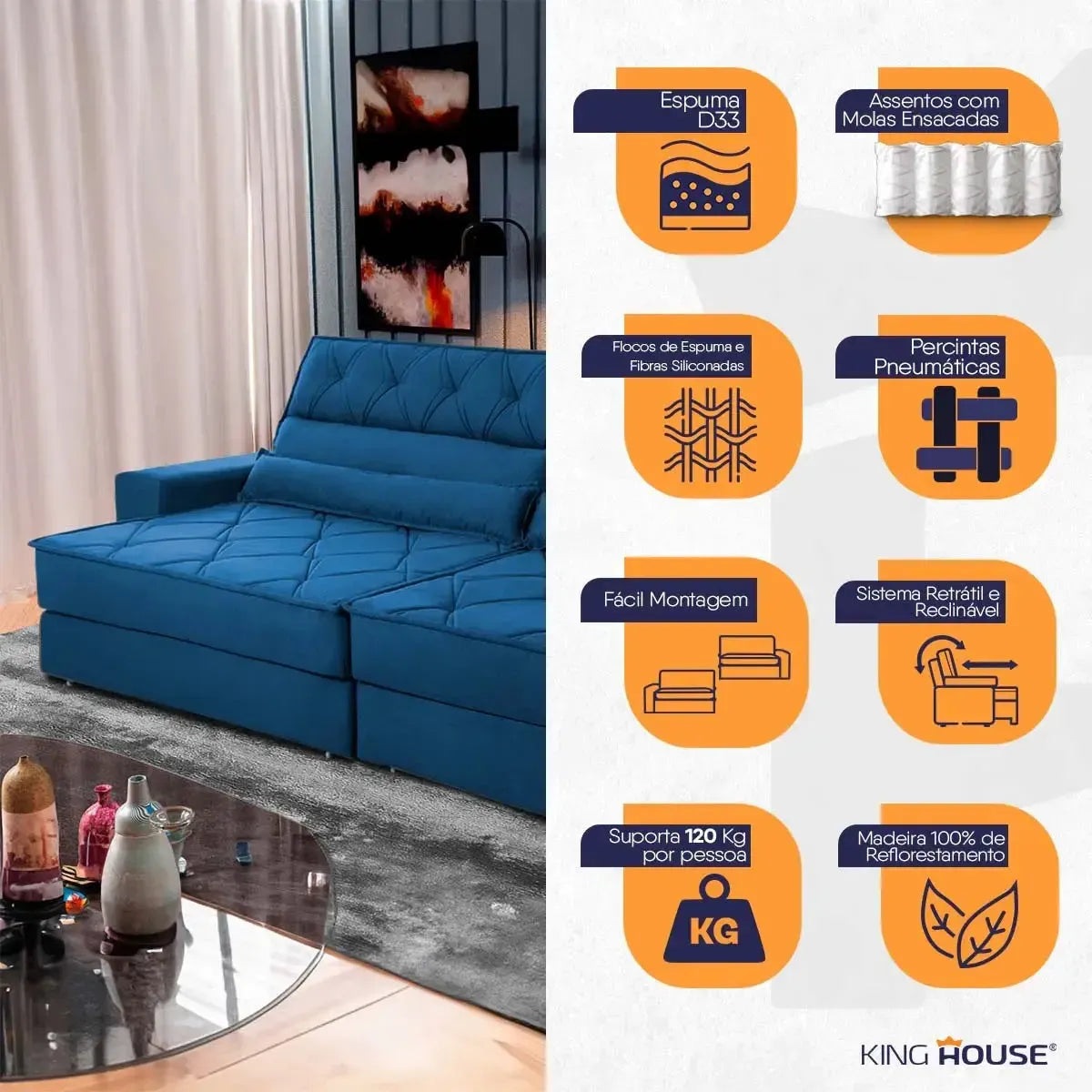Sofá Retrátil Reclinável 2,50m Albany Suede Velut Azul Marinho Molas Ensacadas