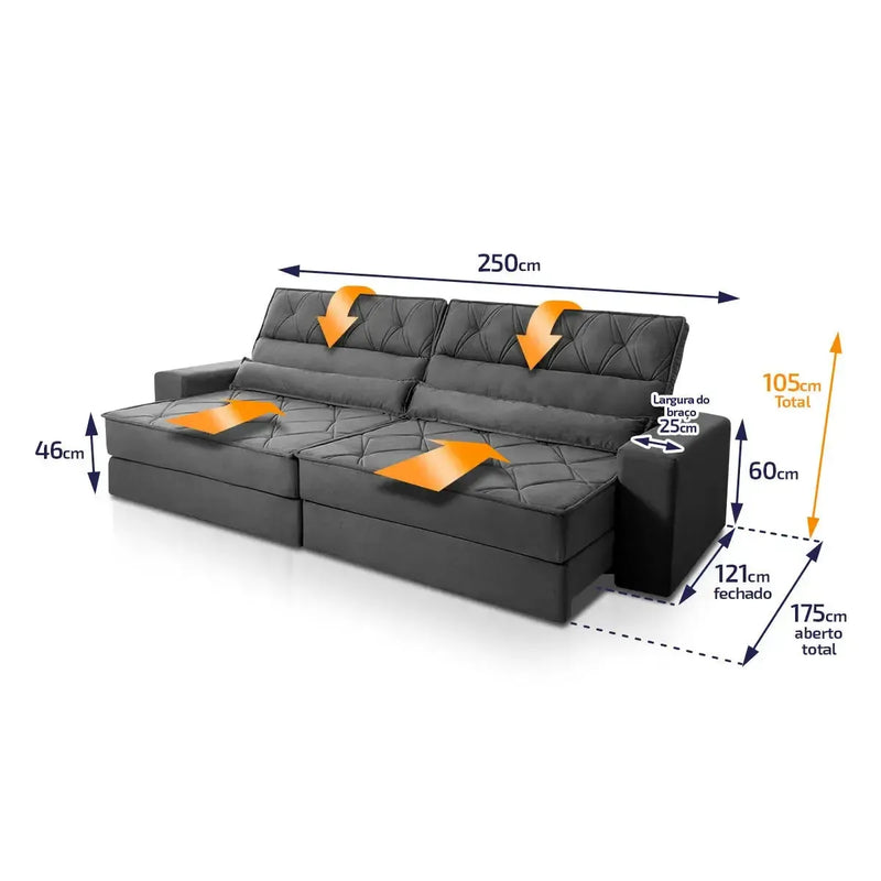 Sofá Retrátil Reclinável 2,50m Albany Suede Velut Cinza Molas Ensacadas