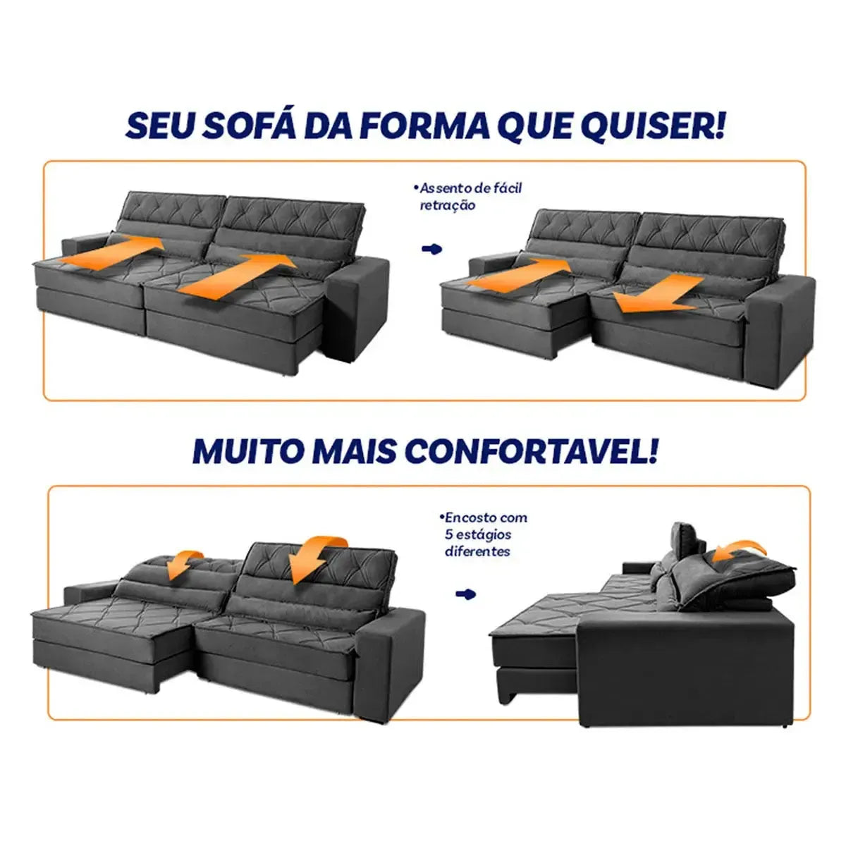 Sofá Retrátil Reclinável 2,50m Albany Suede Velut Cinza Molas Ensacadas