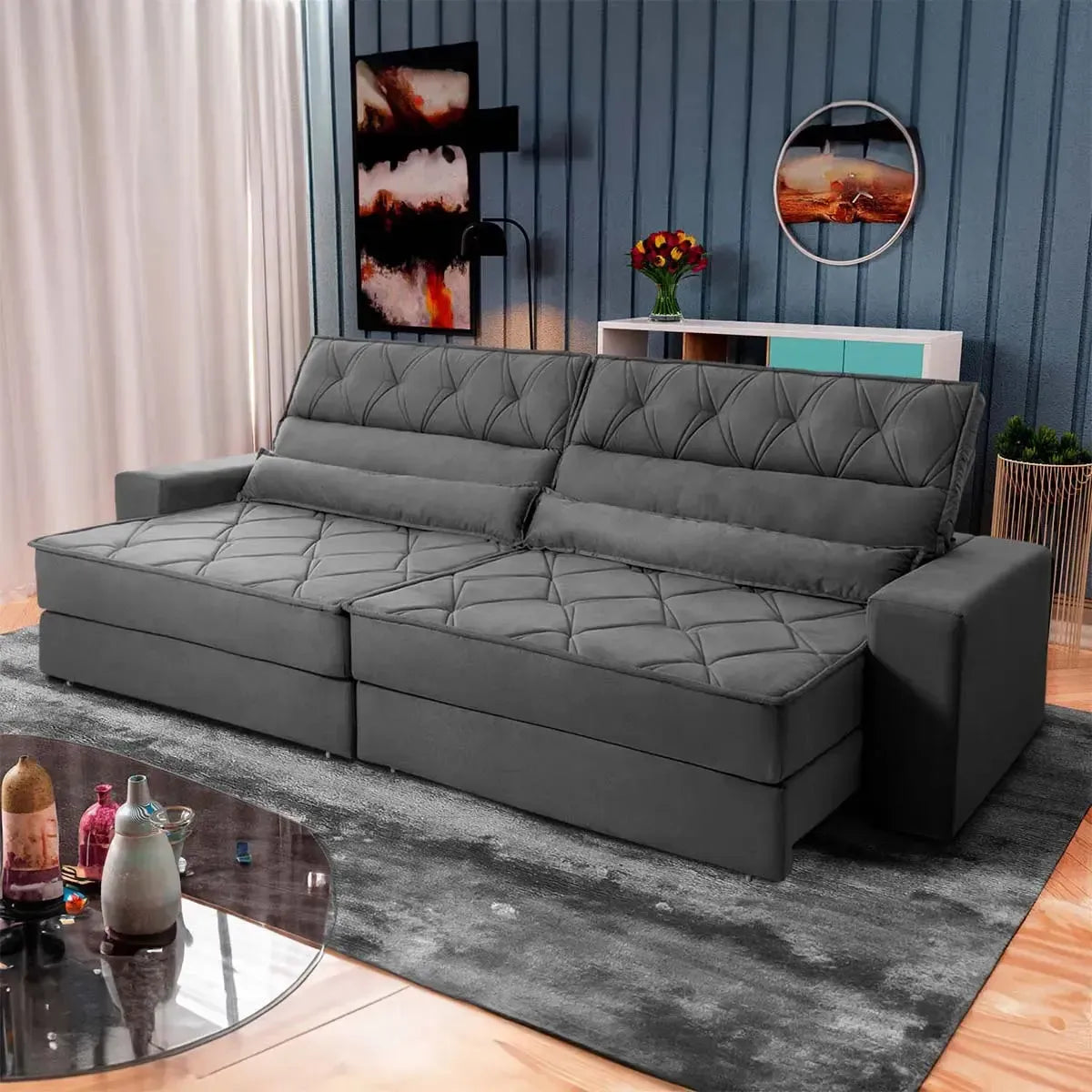Sofá Retrátil Reclinável 2,50m Albany Suede Velut Cinza Molas Ensacadas
