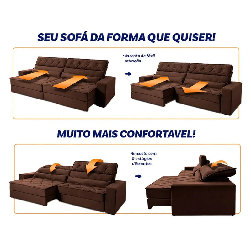 Sofá Retrátil Reclinável 2,50m Albany Suede Velut Marrom Molas Ensacadas