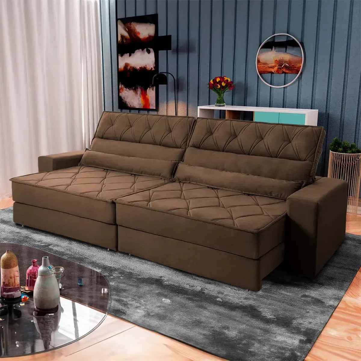 Sofá Retrátil Reclinável 2,50m Albany Suede Velut Marrom Molas Ensacadas