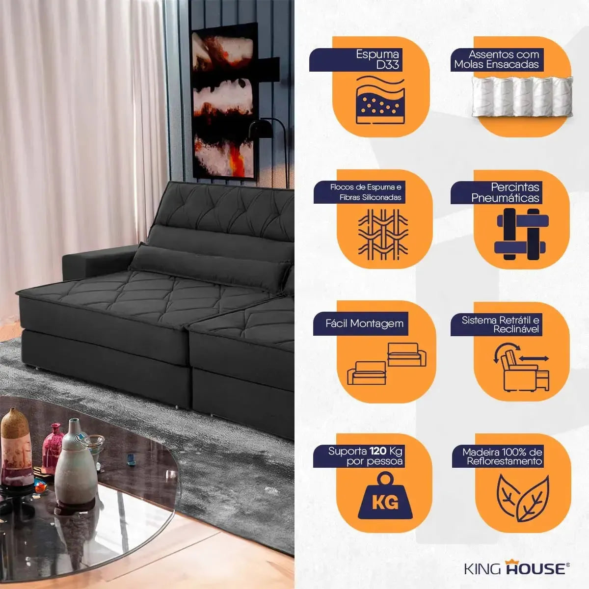 Sofá Retrátil Reclinável 2,50m Albany Suede Velut Preto Molas Ensacadas