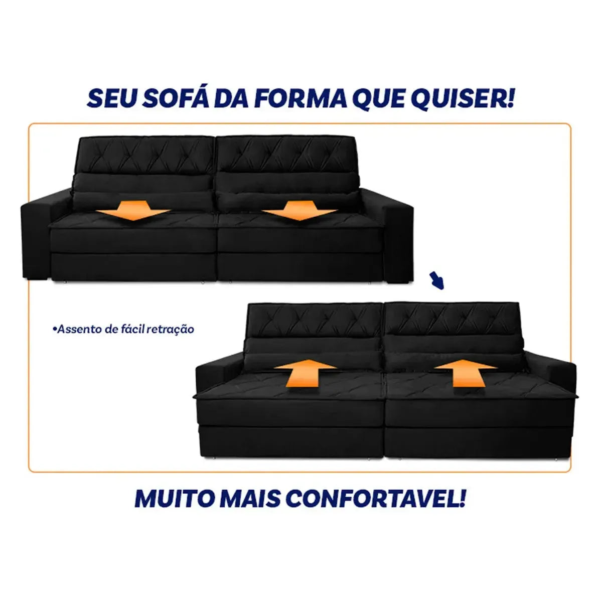 Sofá Retrátil Reclinável 2,50m Albany Suede Velut Preto Molas Ensacadas