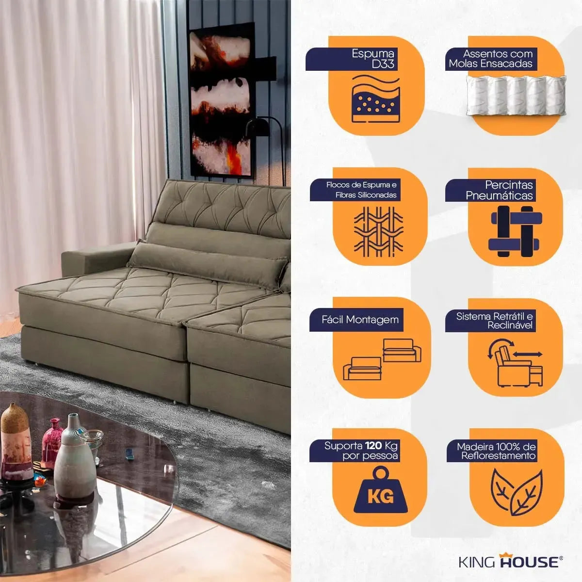 Sofá Retrátil Reclinável 2,50m Albany Suede Velut Tabaco Molas Ensacadas