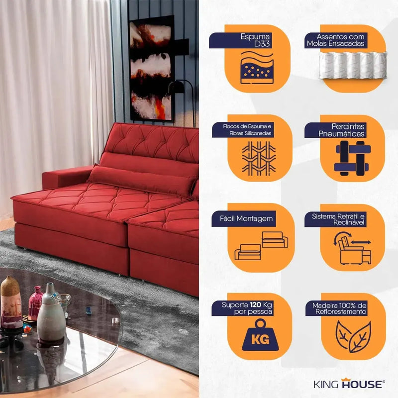 Sofá Retrátil Reclinável 2,50m Albany Suede Velut Vermelho Molas Ensacadas