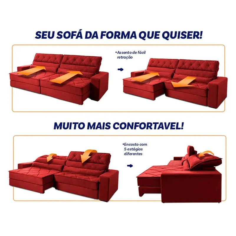 Sofá Retrátil Reclinável 2,50m Albany Suede Velut Vermelho Molas Ensacadas
