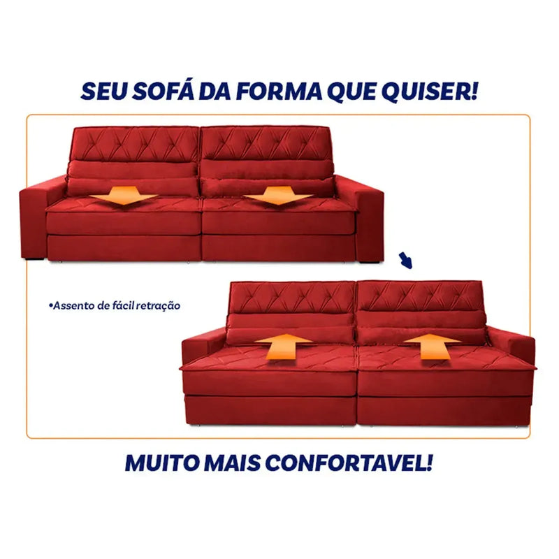 Sofá Retrátil Reclinável 2,50m Albany Suede Velut Vermelho Molas Ensacadas