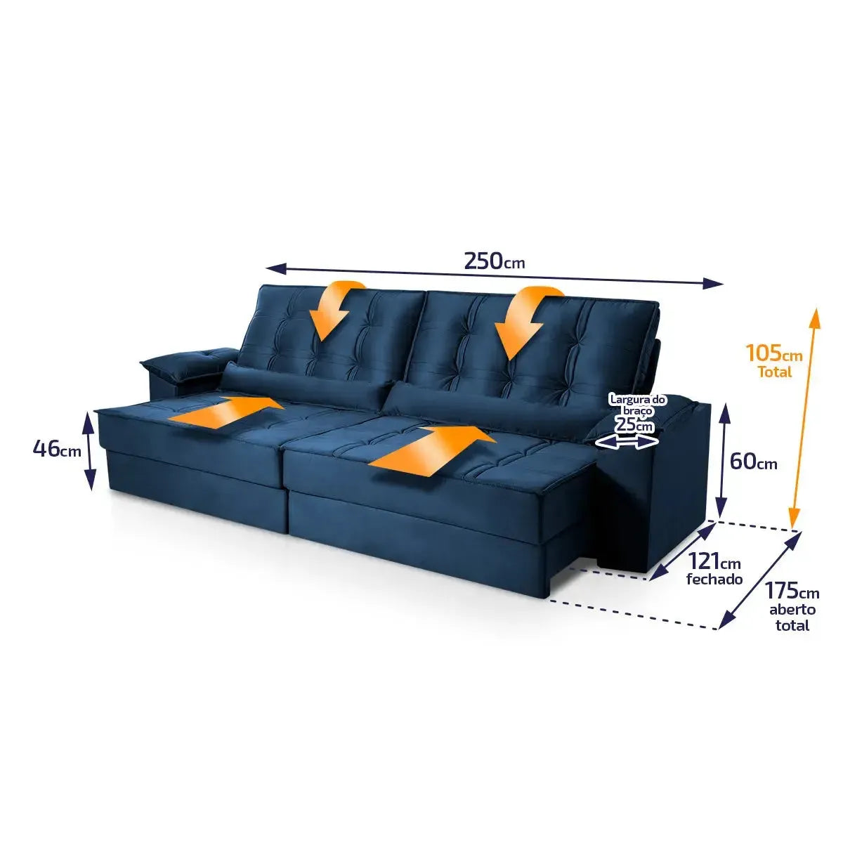 Sofá Retrátil Reclinável 2,50m Ascari Suede Velut Azul Marinho molas Ensacadas