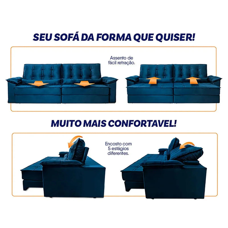 Sofá Retrátil Reclinável 2,50m Ascari Suede Velut Azul Marinho molas Ensacadas
