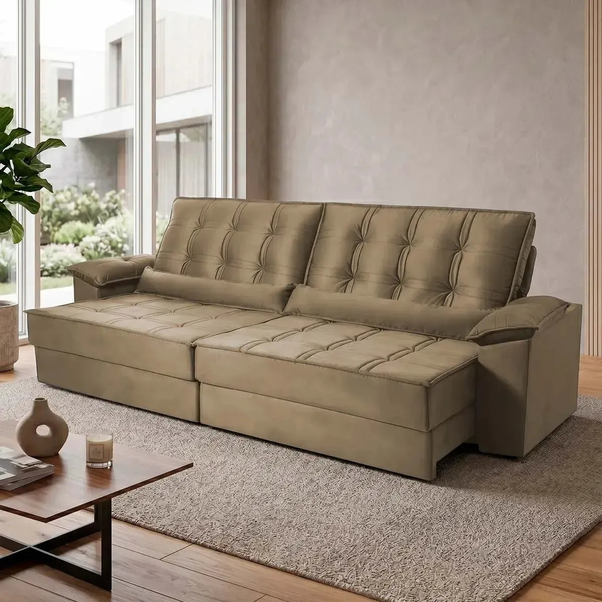 Sofá Retrátil Reclinável 2,50m Ascari Suede Velut Bege molas Ensacadas