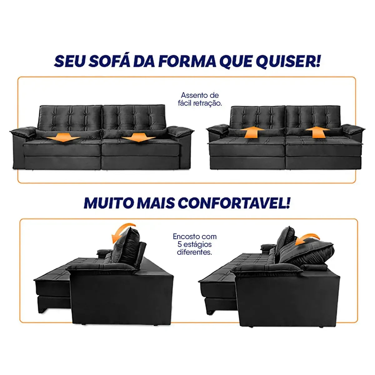 Sofá Retrátil Reclinável 2,50m Ascari Suede Velut Cinza molas Ensacadas