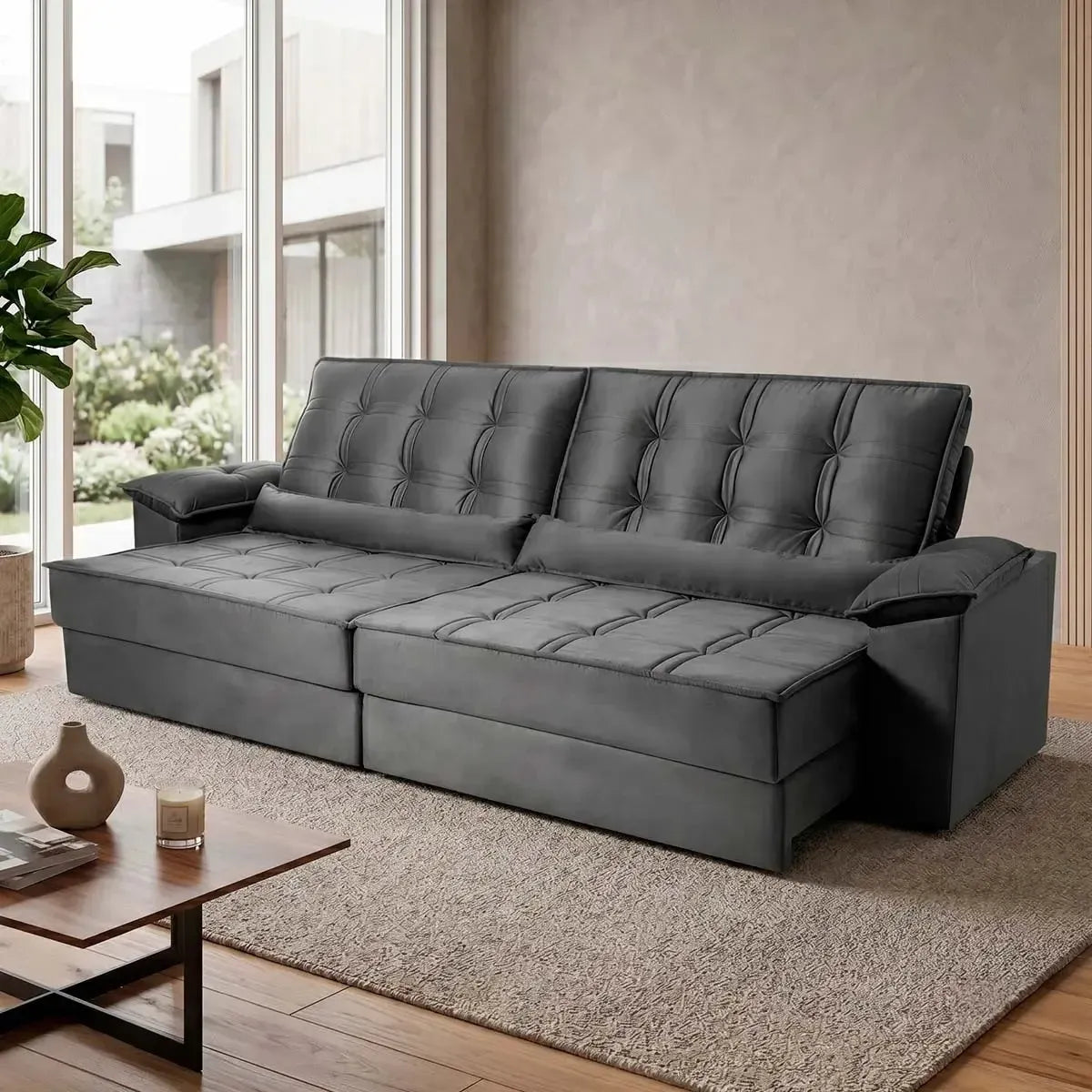 Sofá Retrátil Reclinável 2,50m Ascari Suede Velut Cinza molas Ensacadas