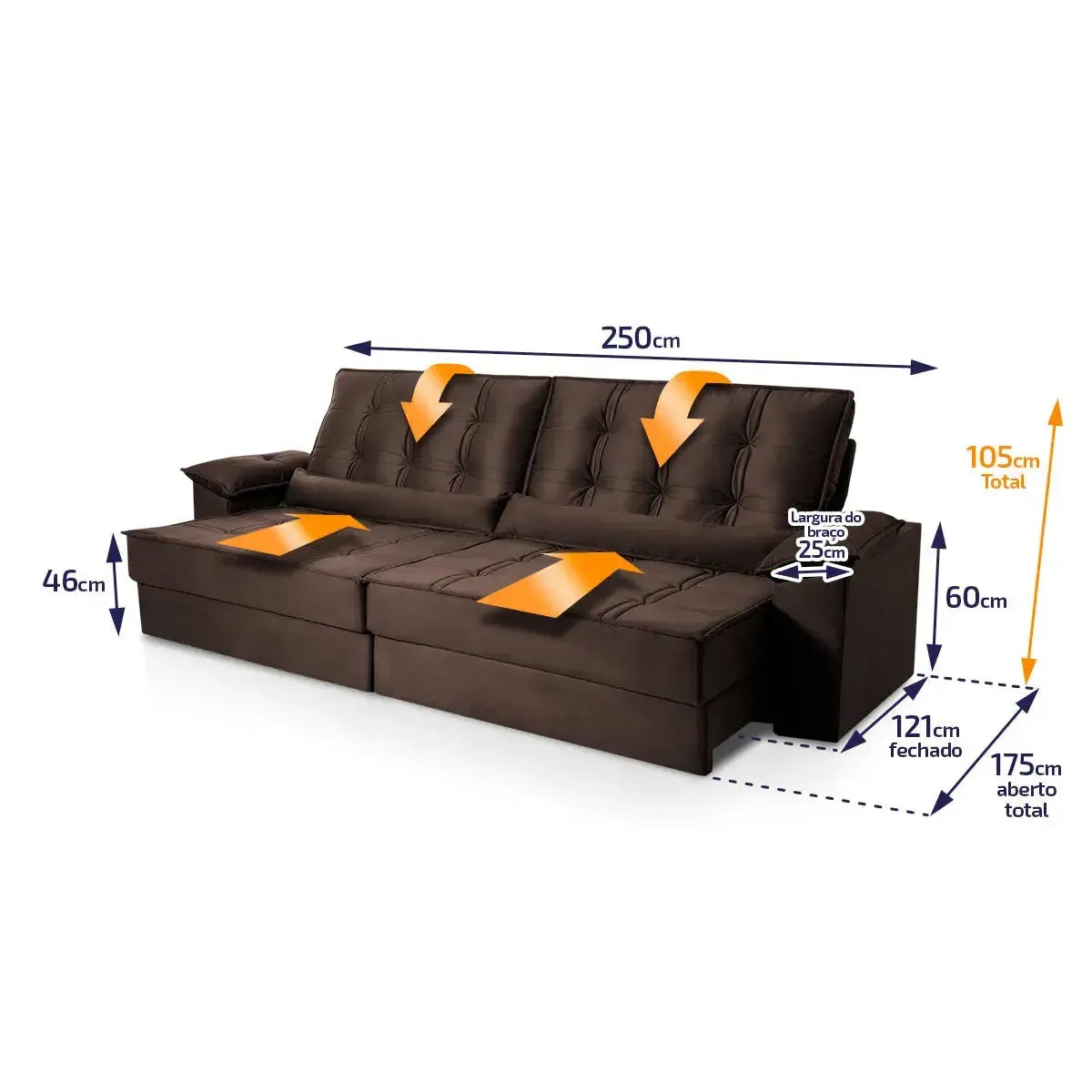 Sofá Retrátil Reclinável 2,50m Ascari Suede Velut Marrom molas Ensacadas