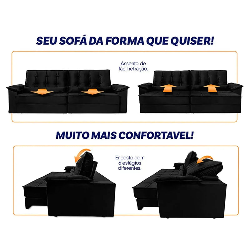 Sofá Retrátil Reclinável 2,50m Ascari Suede Velut Preto molas Ensacadas