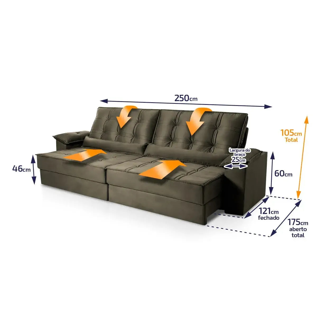 Sofá Retrátil Reclinável 2,50m Ascari Suede Velut Tabaco molas Ensacadas