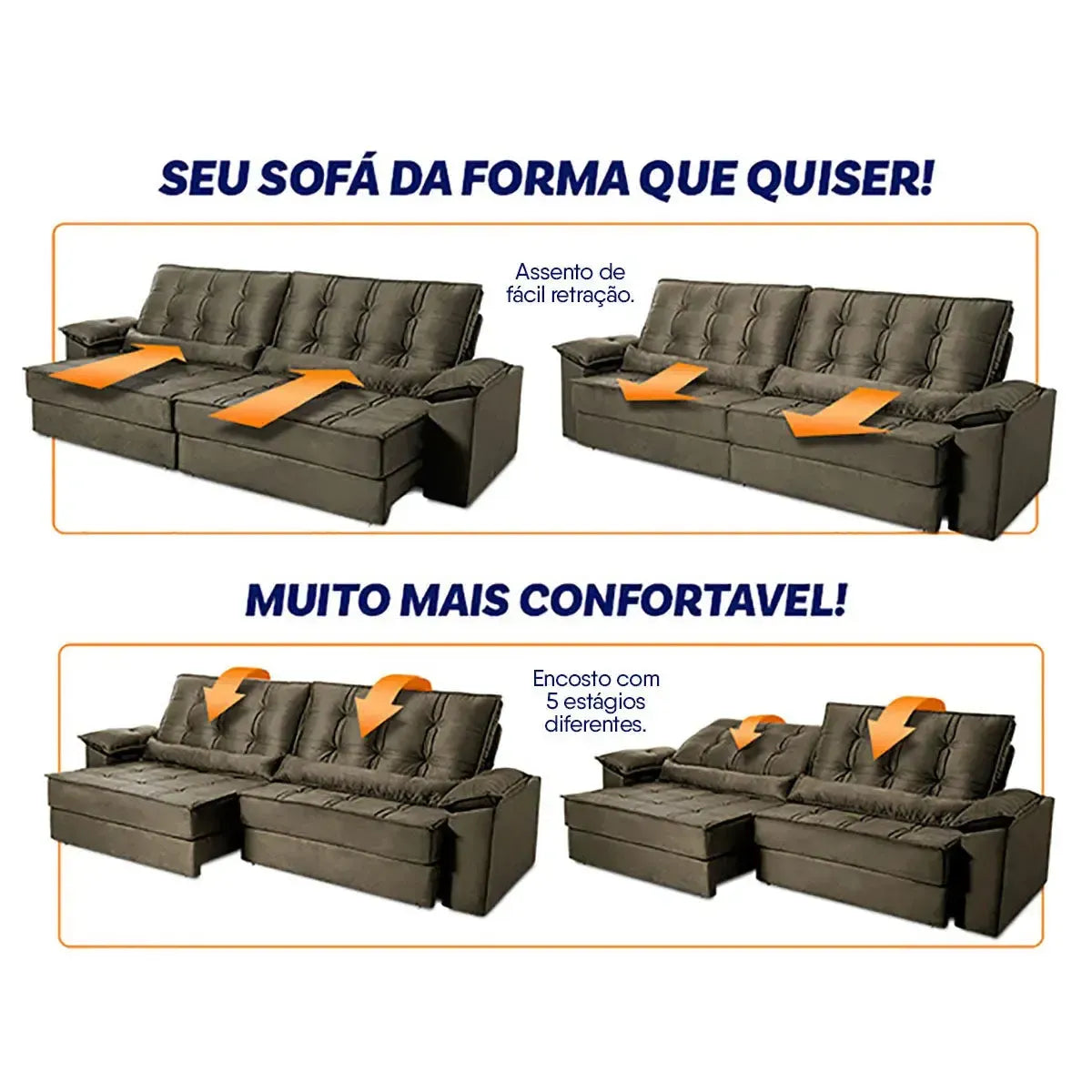 Sofá Retrátil Reclinável 2,50m Ascari Suede Velut Tabaco molas Ensacadas