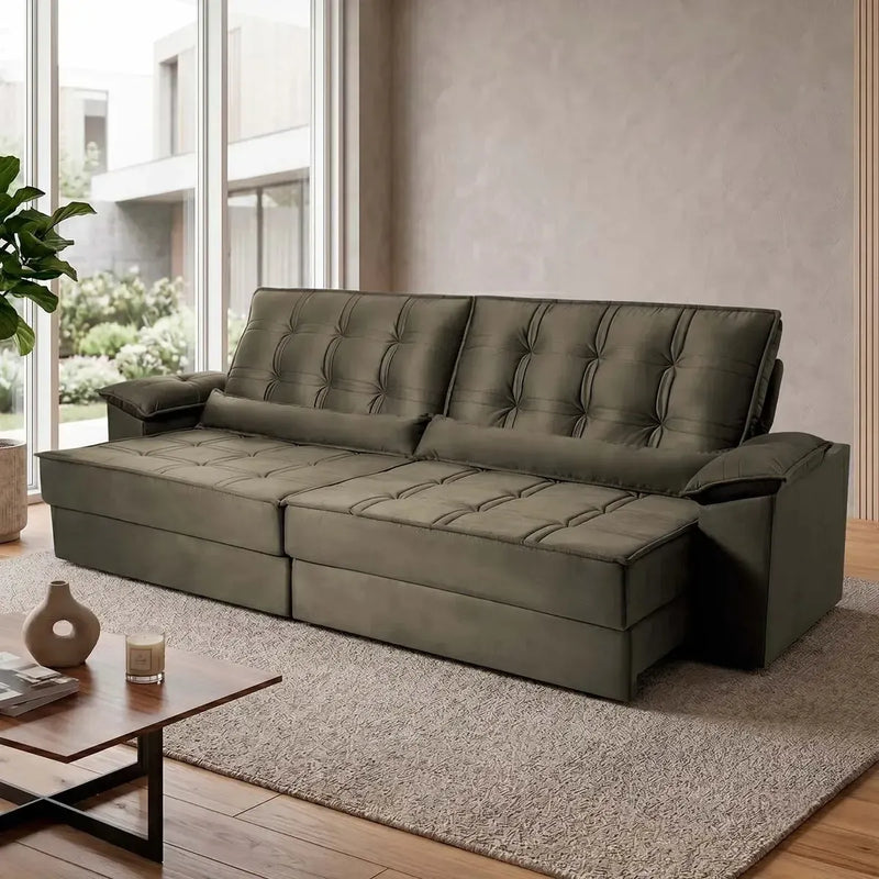 Sofá Retrátil Reclinável 2,50m Ascari Suede Velut Tabaco molas Ensacadas