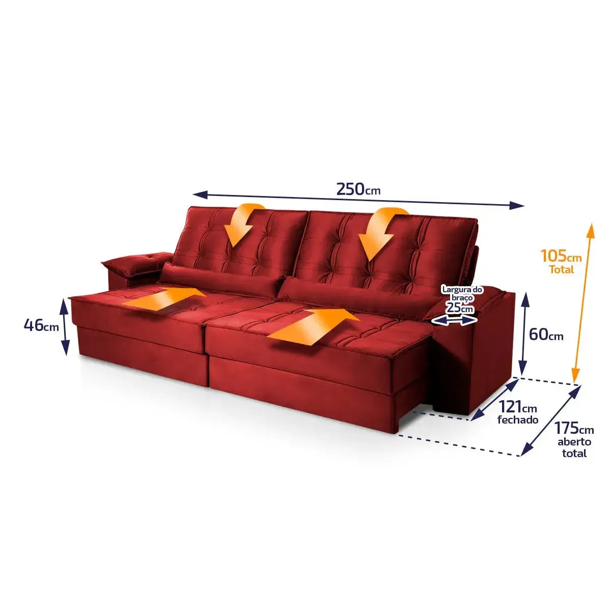 Sofá Retrátil Reclinável 2,50m Ascari Suede Velut Vermelho molas Ensacadas
