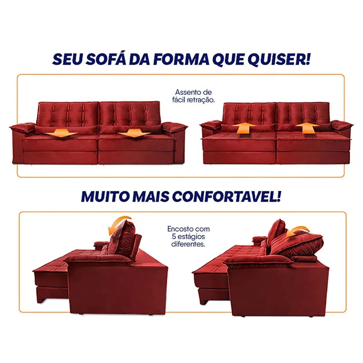 Sofá Retrátil Reclinável 2,50m Ascari Suede Velut Vermelho molas Ensacadas
