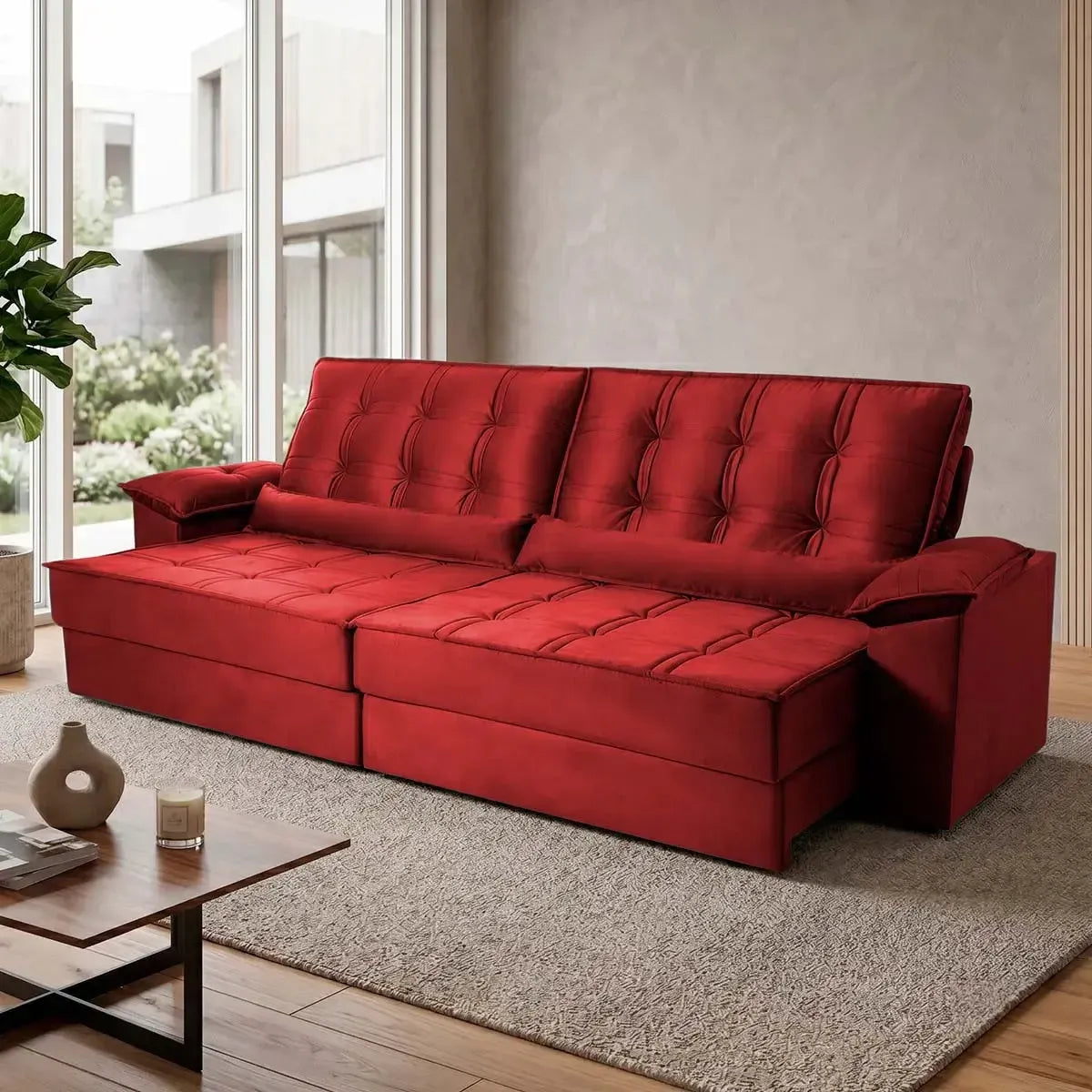 Sofá Retrátil Reclinável 2,50m Ascari Suede Velut Vermelho molas Ensacadas