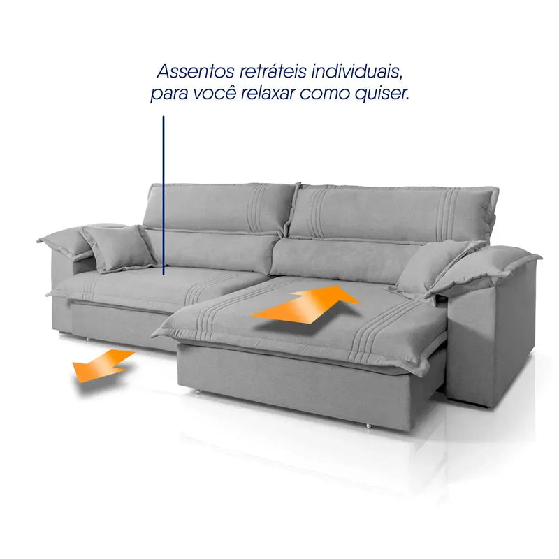 Sofá retrátil reclinável Nivus cinza de 2,50m com molas ensacadas e assentos individuais.