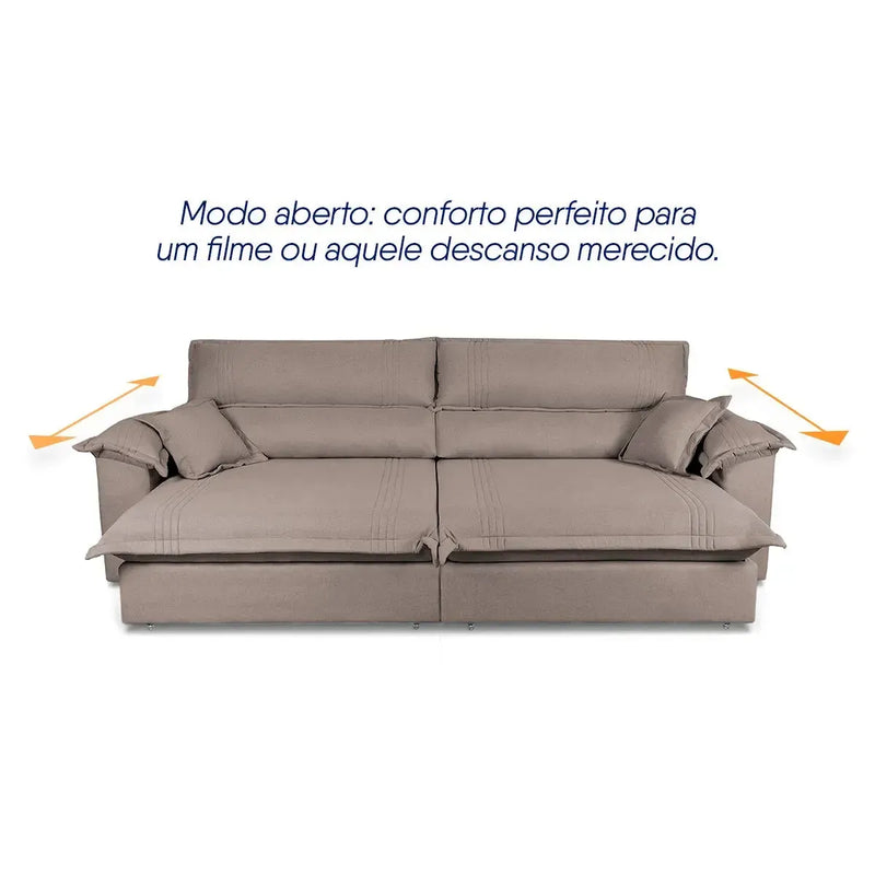 Sofá retrátil reclinável Nivus marrom de 2,50m com molas ensacadas e assentos estendidos.