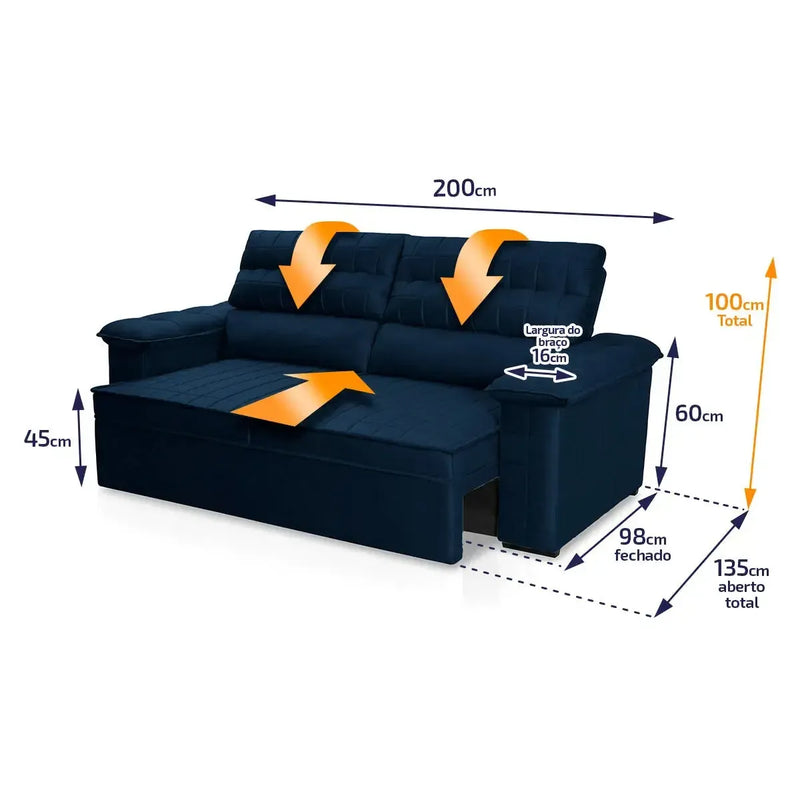 Sofá Retrátil Reclinável 3 lugares com molas 2,00m Quantum Suede Velut Azul