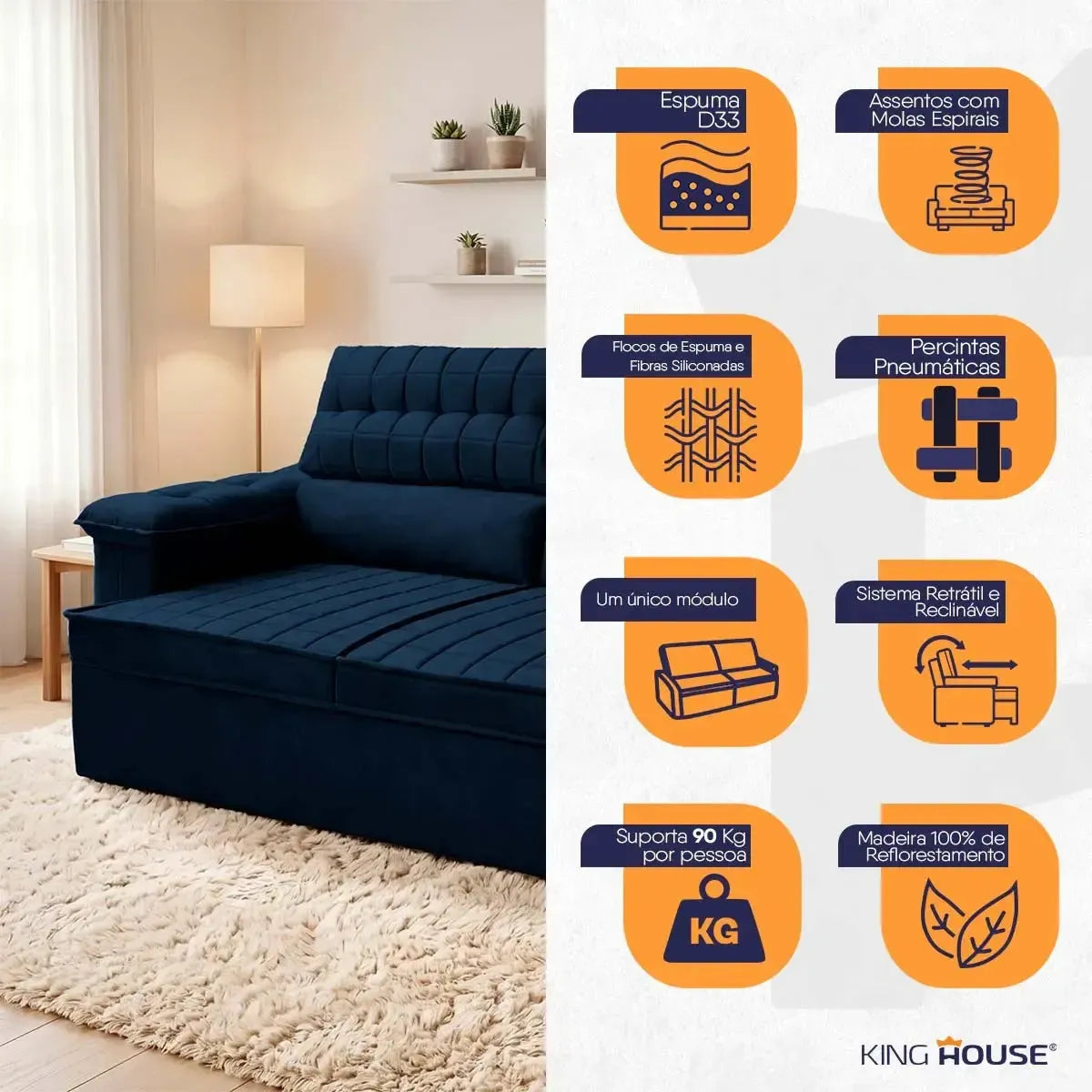 Sofá Retrátil Reclinável 3 lugares com molas 2,00m Quantum Suede Velut Azul