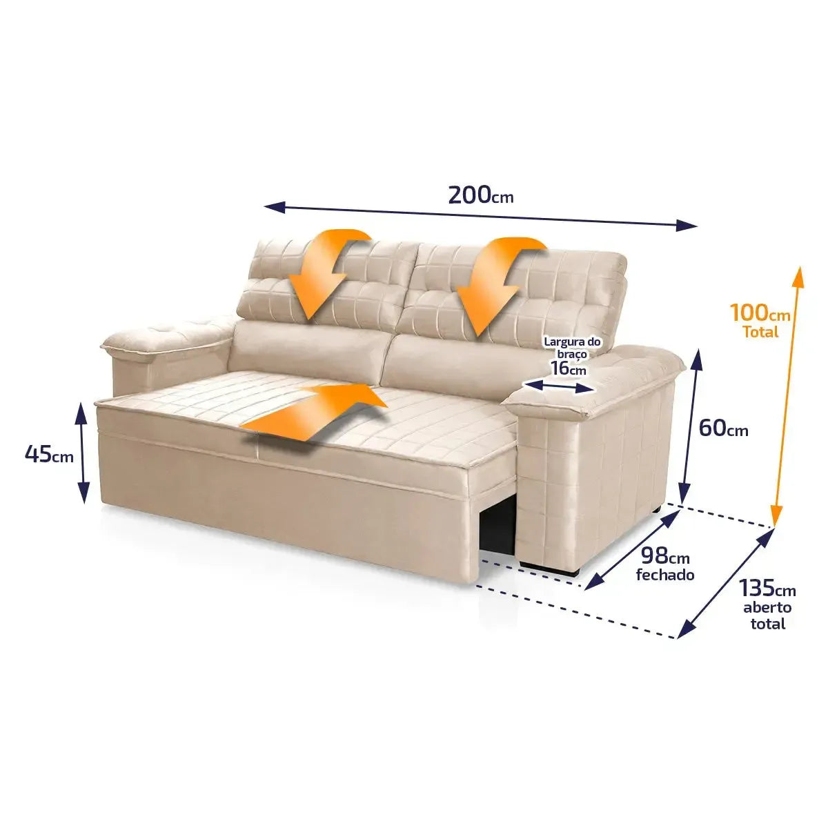 Sofá Retrátil Reclinável 3 lugares com molas 2,00m Quantum Suede Velut Bege