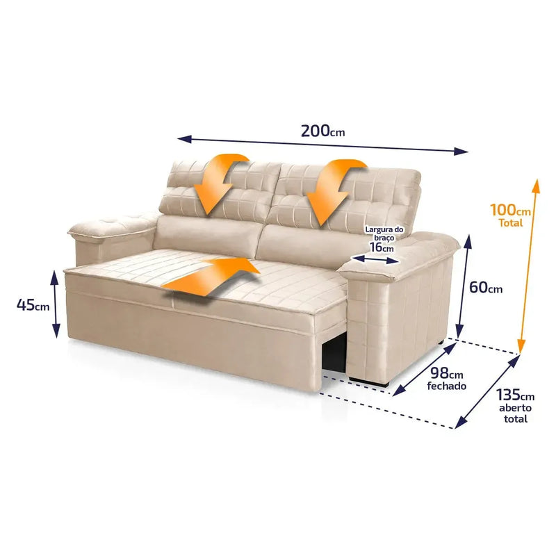 Sofá Retrátil Reclinável 3 lugares com molas 2,00m Quantum Suede Velut Bege