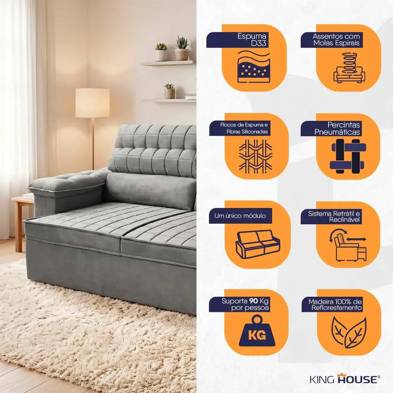Sofá Retrátil Reclinável 3 lugares com molas 2,00m Quantum Suede Velut Cinza