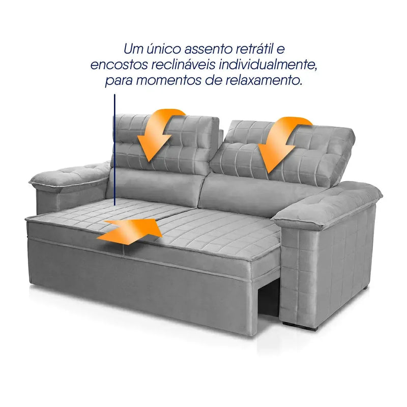 Sofá Retrátil Reclinável 3 lugares com molas 2,00m Quantum Suede Velut Cinza