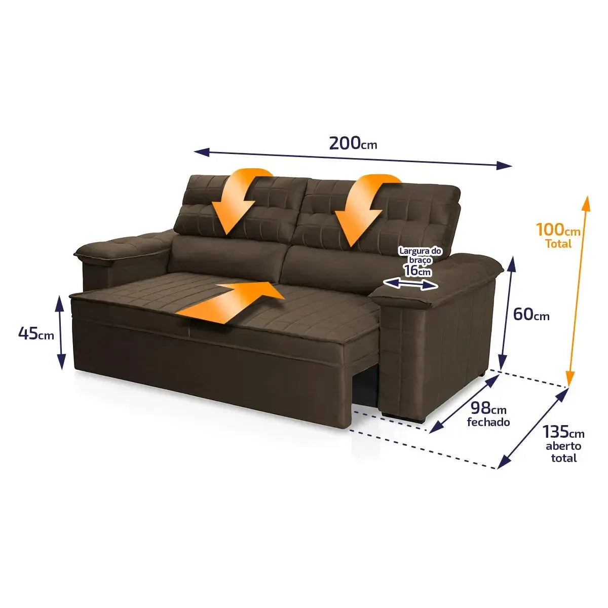 Sofá Retrátil Reclinável 3 lugares com molas 2,00m Quantum Suede Velut Marrom