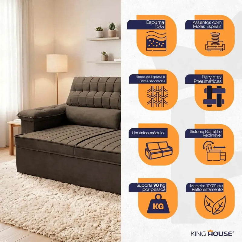 Sofá Retrátil Reclinável 3 lugares com molas 2,00m Quantum Suede Velut Marrom