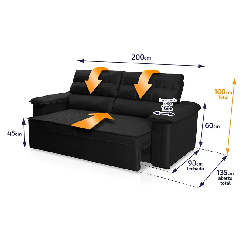 Sofá Retrátil Reclinável 3 lugares com molas 2,00m Quantum Suede Velut Preto