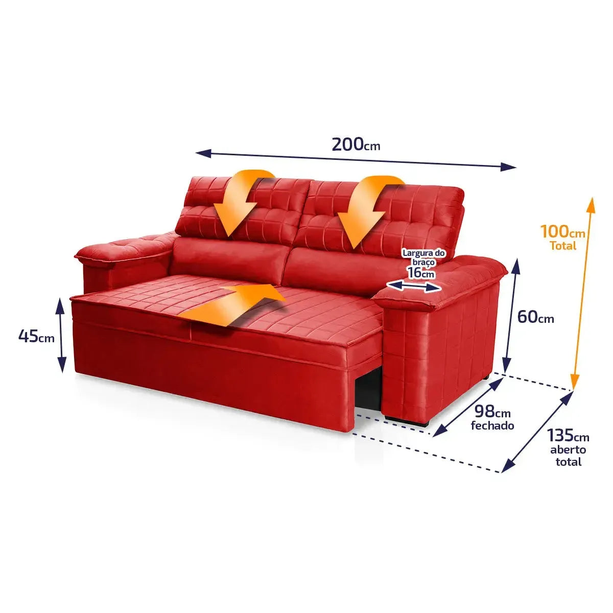 Sofá Retrátil Reclinável 3 lugares com molas 2,00m Quantum Suede Velut Vermelho